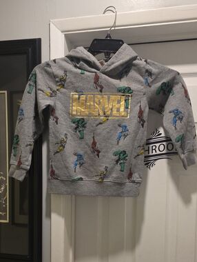 Marvel Kids Gray Hoodie with Gold Logo and Colorful Superhero Prints